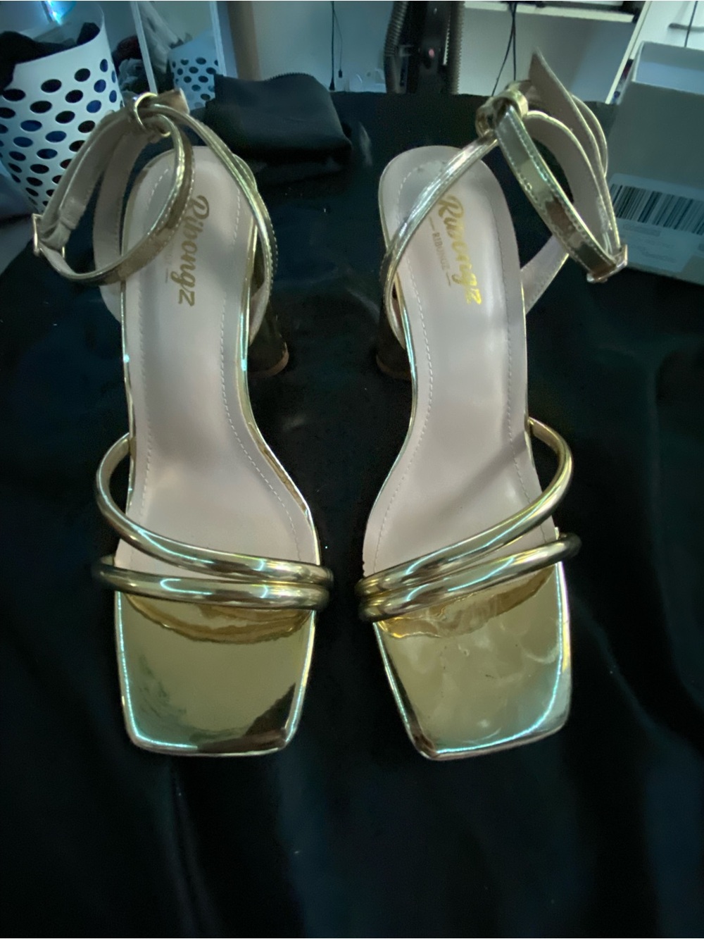 Amazon Gold Metallic Strappy Square-Toe Ankle Strap Heels